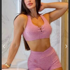 Pink Lace-Up Sports Bra and Shorts Set